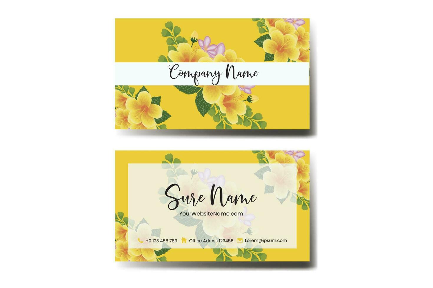 Business Card Template Yellow Hibiscus Flower .Double-sided Yellow Colors. Flat Design Vector Illustration. Stationery Design