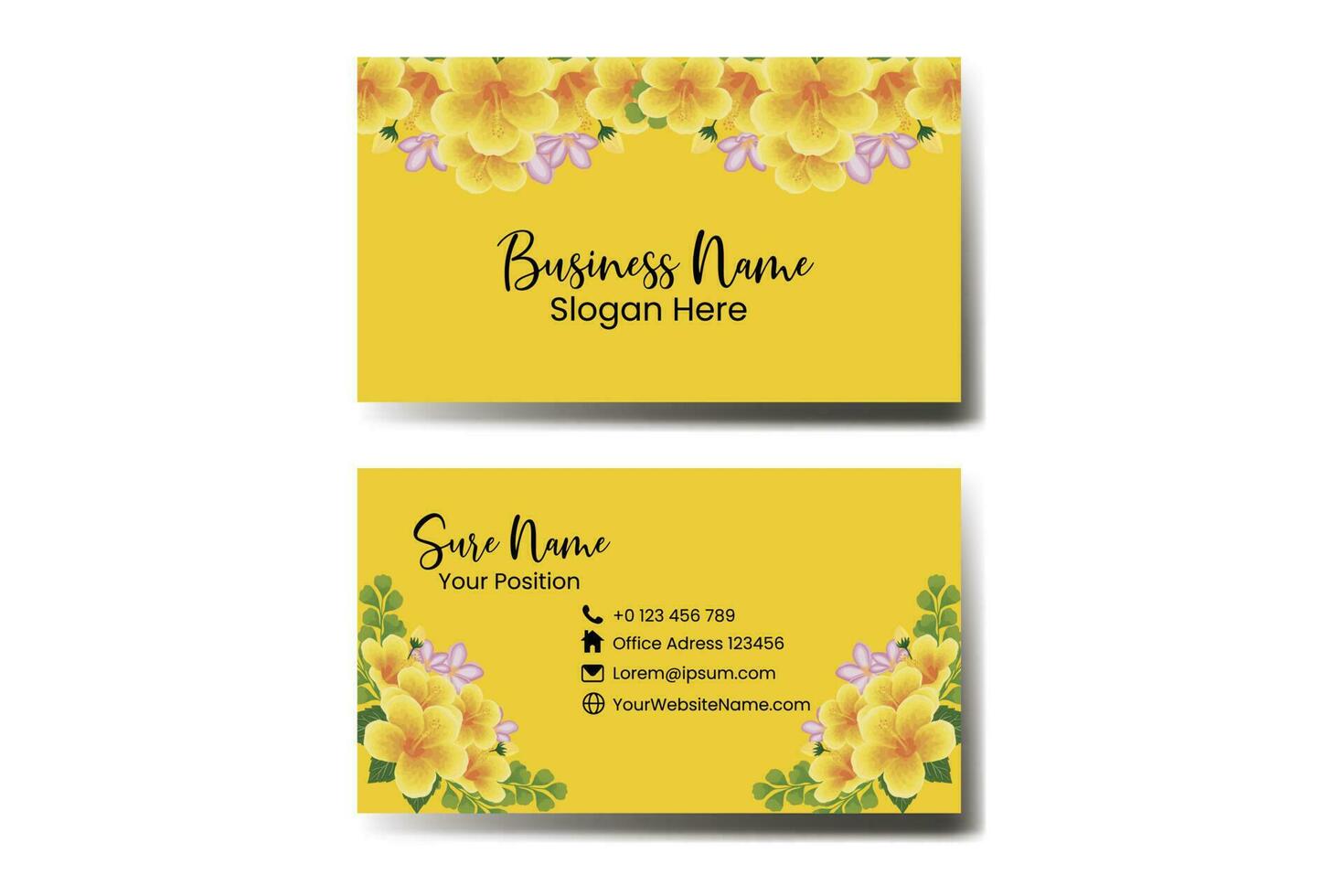 Business Card Template Yellow Hibiscus Flower .Double-sided Yellow Colors. Flat Design Vector Illustration. Stationery Design