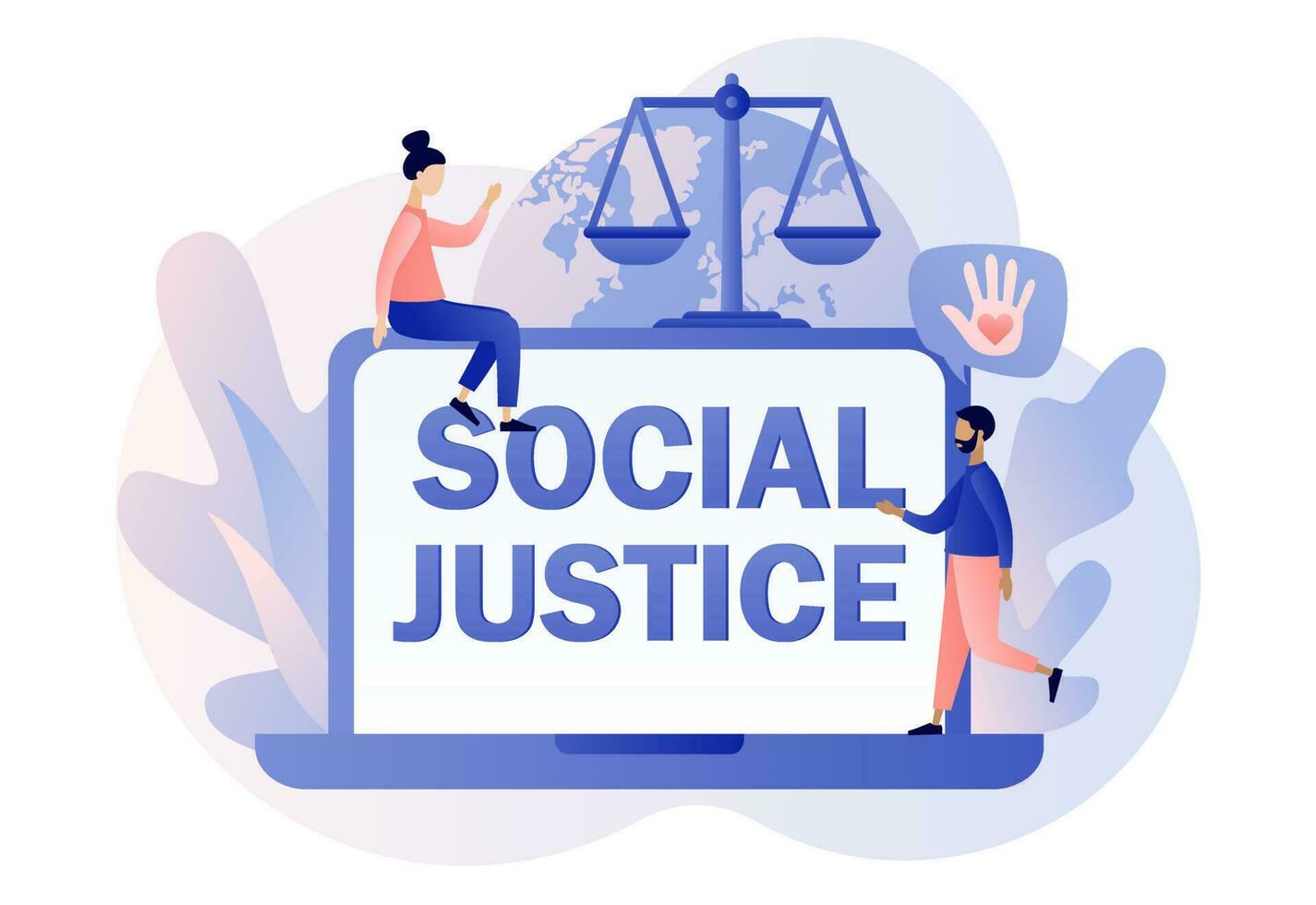 Social justice - text on laptop screen. Human rights concept. Scales as symbol of equality, freedom and love. Tiny people for tolerance and respect.Modern flat cartoon style. Vector illustration