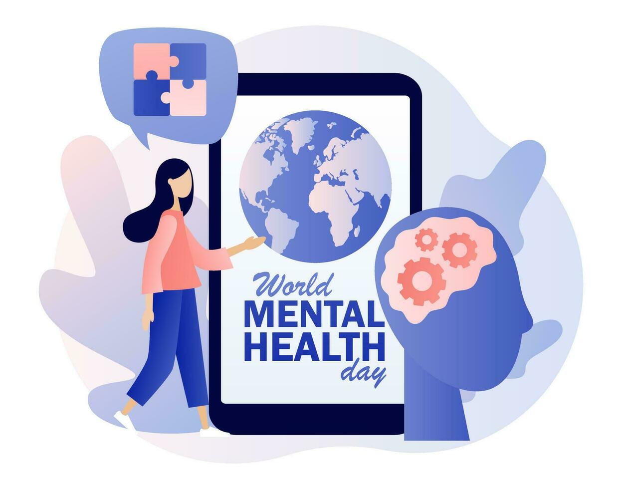 World mental health day. Psychologist online. Psychology without borders.Psychotherapy practice, psychological help, psychologist service. Modern flat cartoon style. Vector illustration