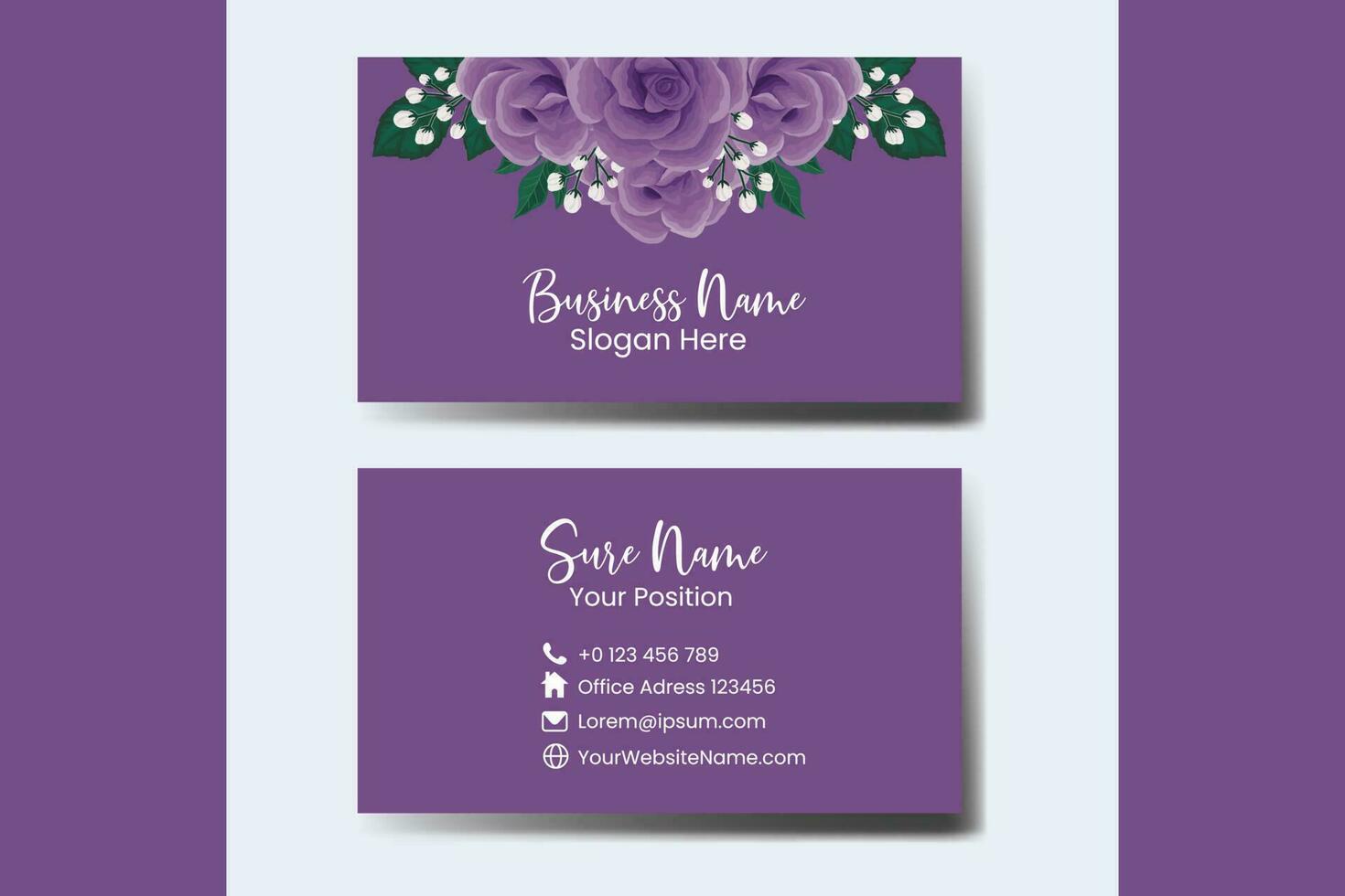 Business Card Template Purple Rose Flower .Double-sided Purple Colors. Flat Design Vector Illustration. Stationery Design