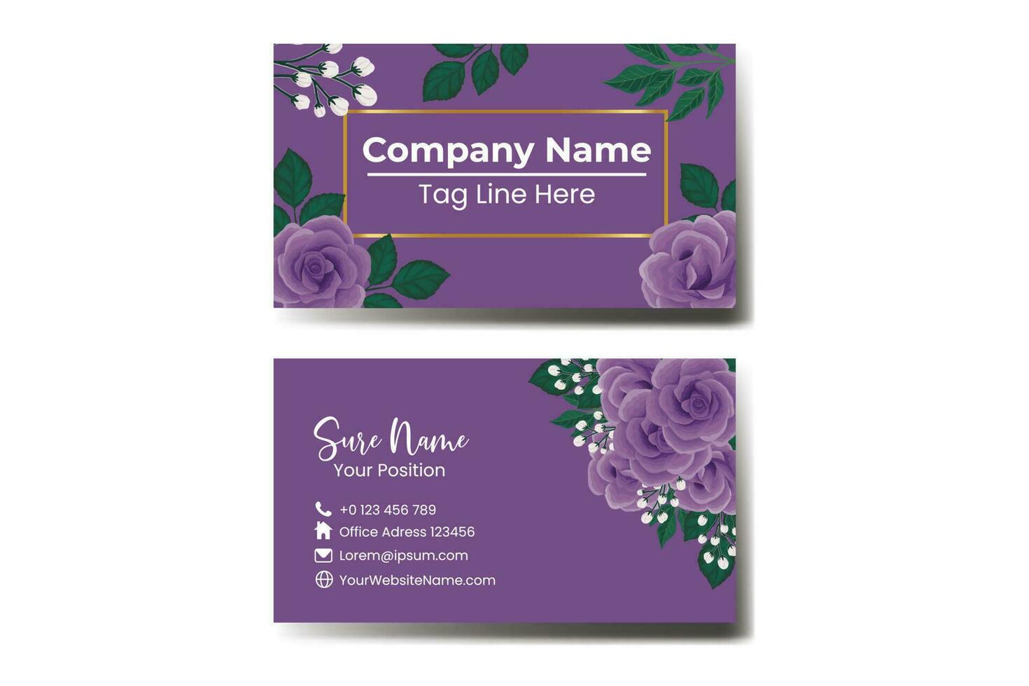 Business Card Template Purple Rose Flower .Double-sided Purple Colors. Flat Design Vector Illustration. Stationery Design