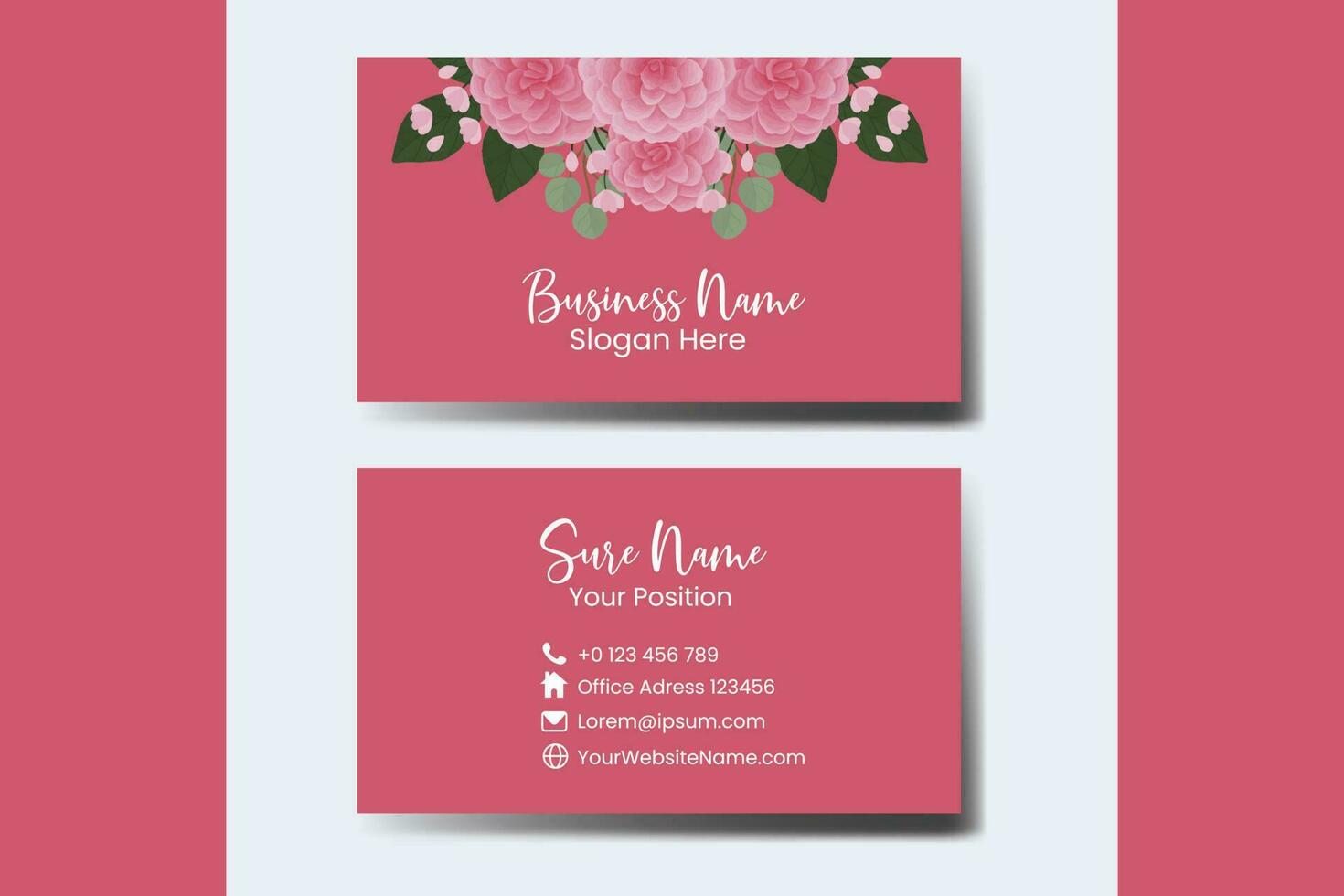 Business Card Template Pink Dahlia Flower .Double-sided Pink Colors. Flat Design Vector Illustration. Stationery Design