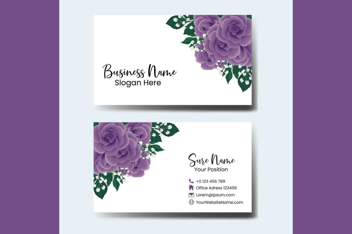 Business Card Template Purple Rose Flower .Double-sided Purple Colors. Flat Design Vector Illustration. Stationery Design