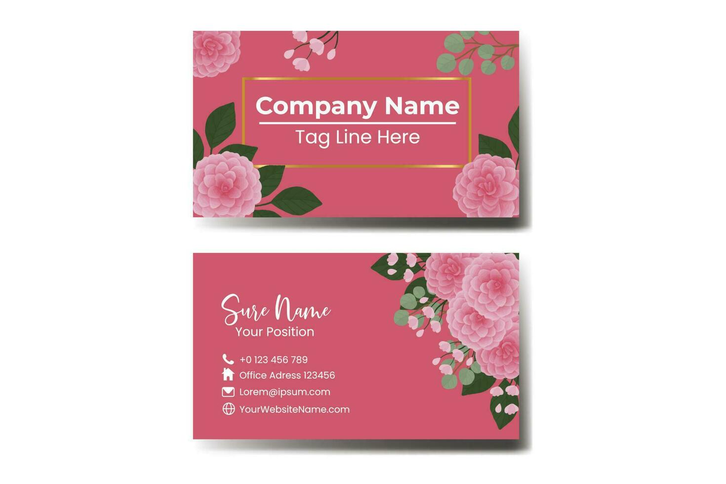 Business Card Template Pink Dahlia Flower .Double-sided Pink Colors. Flat Design Vector Illustration. Stationery Design