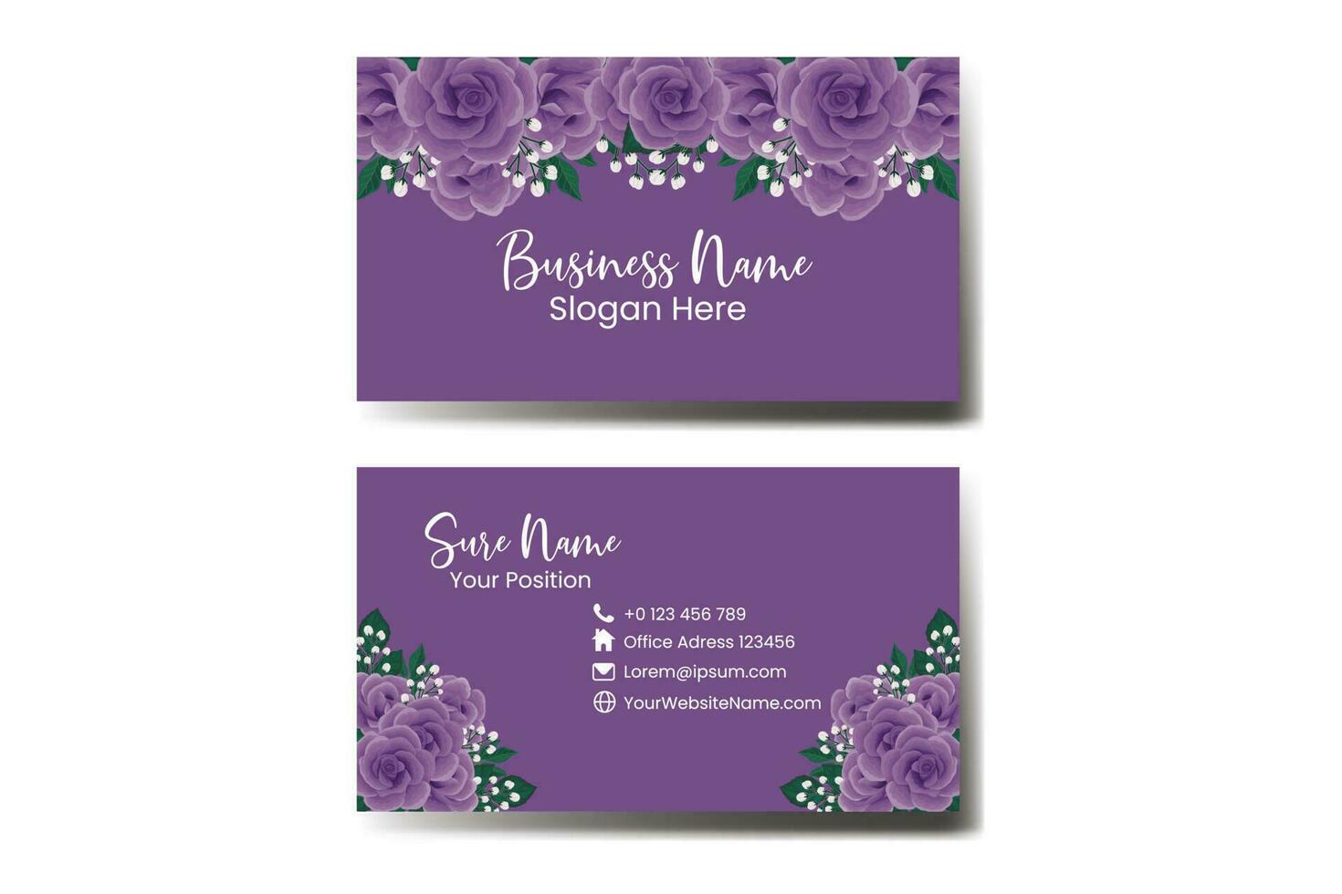 Business Card Template Purple Rose Flower .Double-sided Purple Colors. Flat Design Vector Illustration. Stationery Design