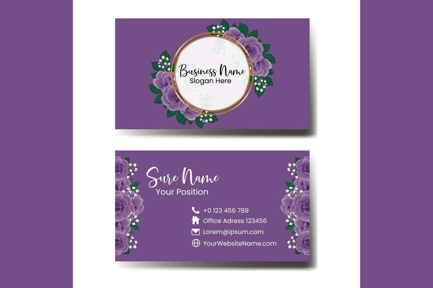 Business Card Template Purple Rose Flower .Double-sided Purple Colors. Flat Design Vector Illustration. Stationery Design