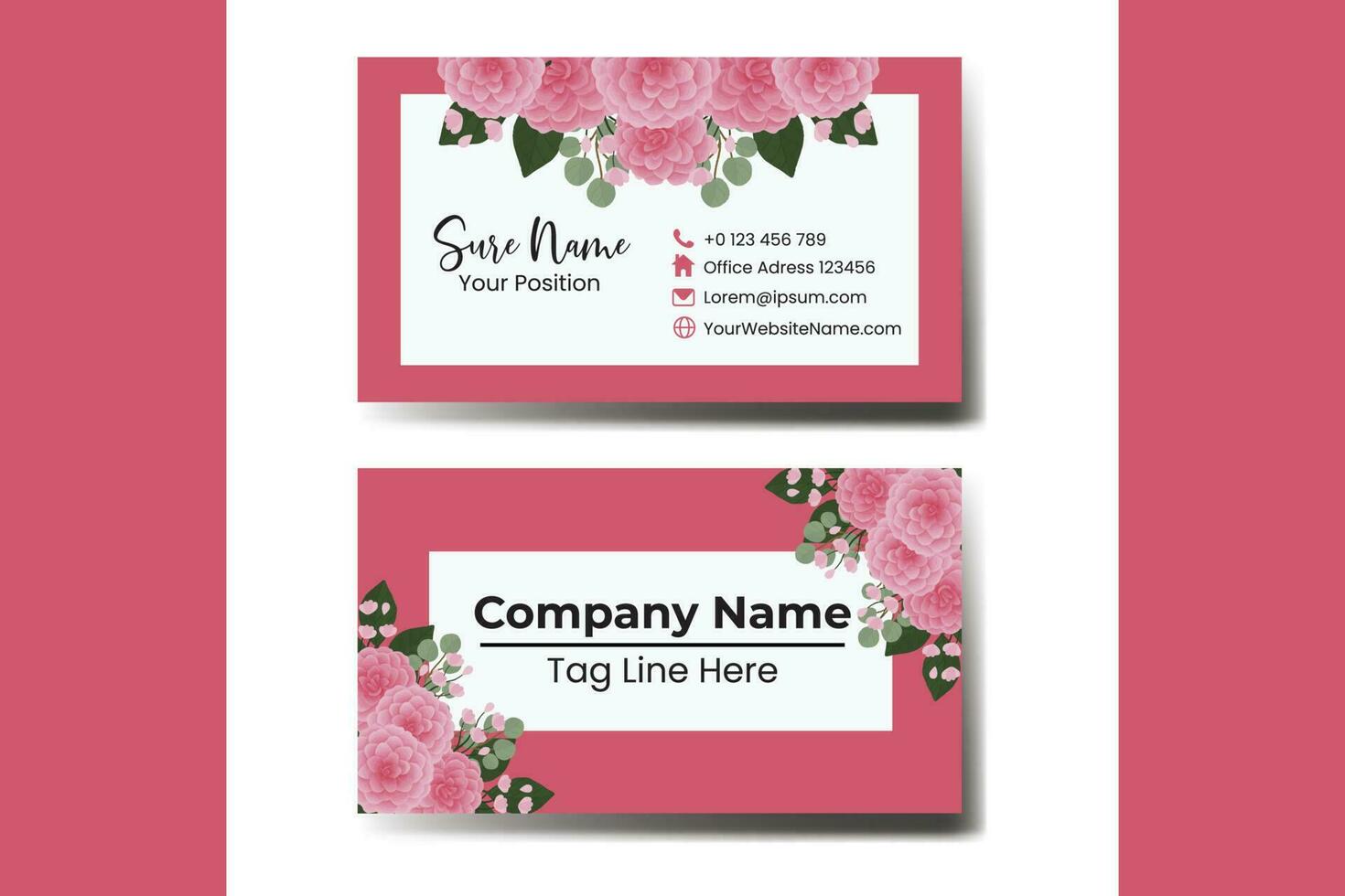 Business Card Template Pink Dahlia Flower .Double-sided Pink Colors. Flat Design Vector Illustration. Stationery Design