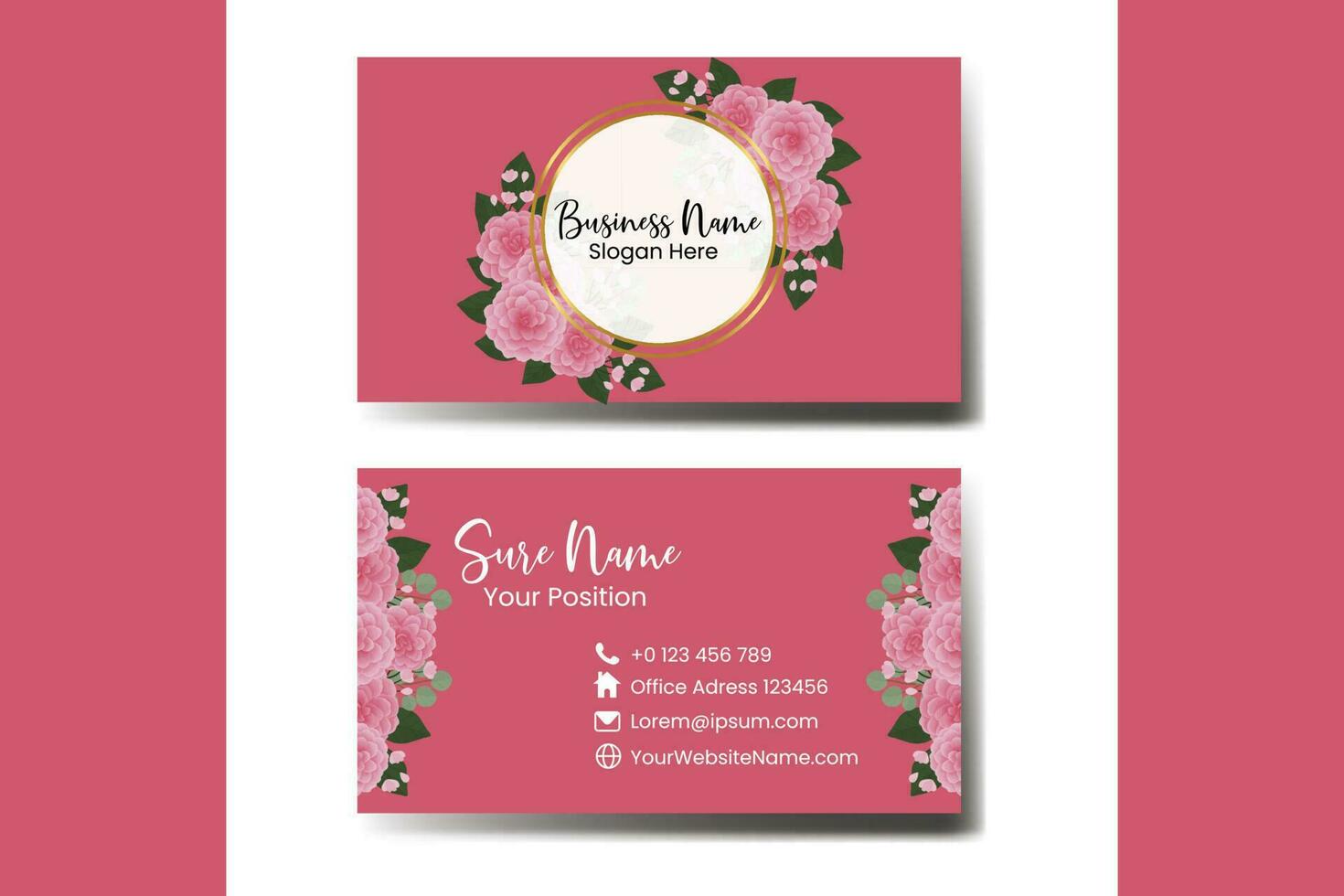 Business Card Template Pink Dahlia Flower .Double-sided Pink Colors. Flat Design Vector Illustration. Stationery Design