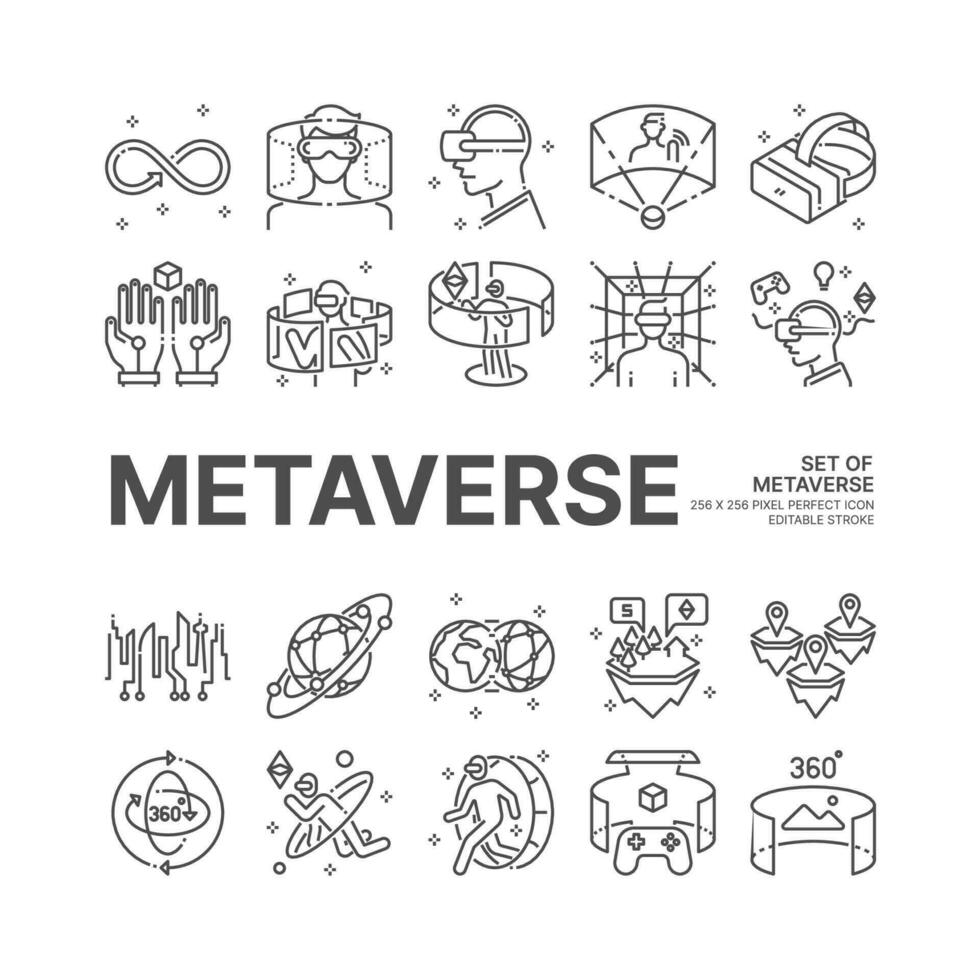 metaverso línea icono conjunto con realidad virtual, virtual realidad, juego, futurista ciber y metaverso concepto más, 256x256 píxel Perfecto icono vector, editable ataque. vector