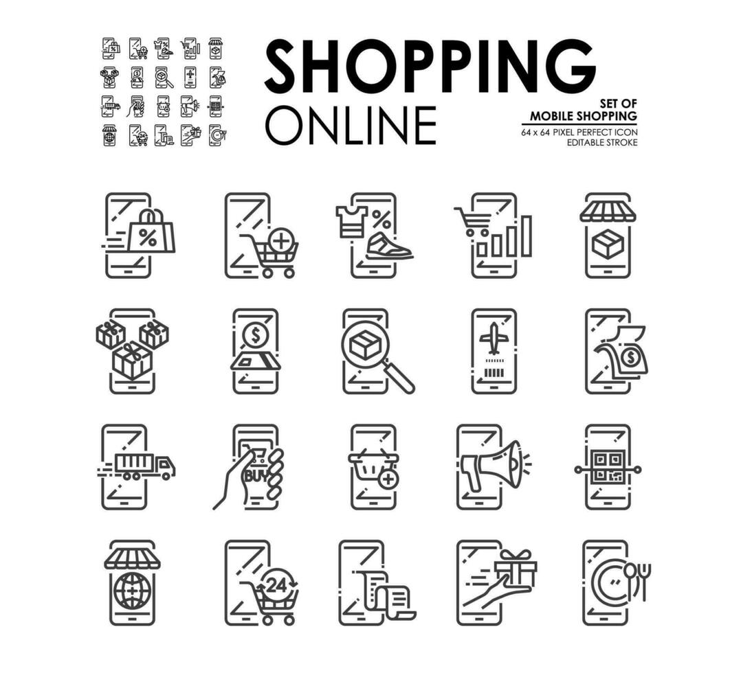 Set of Shopping Online and E-commerce icon via mobile smartphone. Such as shopping online, delivery, payment ,mobile banking, Flight booking, gift and etc. Editable Stroke, 64x64 Pixel Perfect. vector