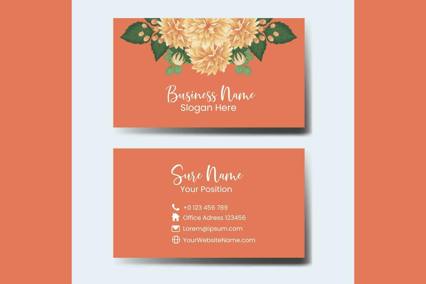 Business Card Template Orange Dahlia Flower .Double-sided Orange Colors. Flat Design Vector Illustration. Stationery Design