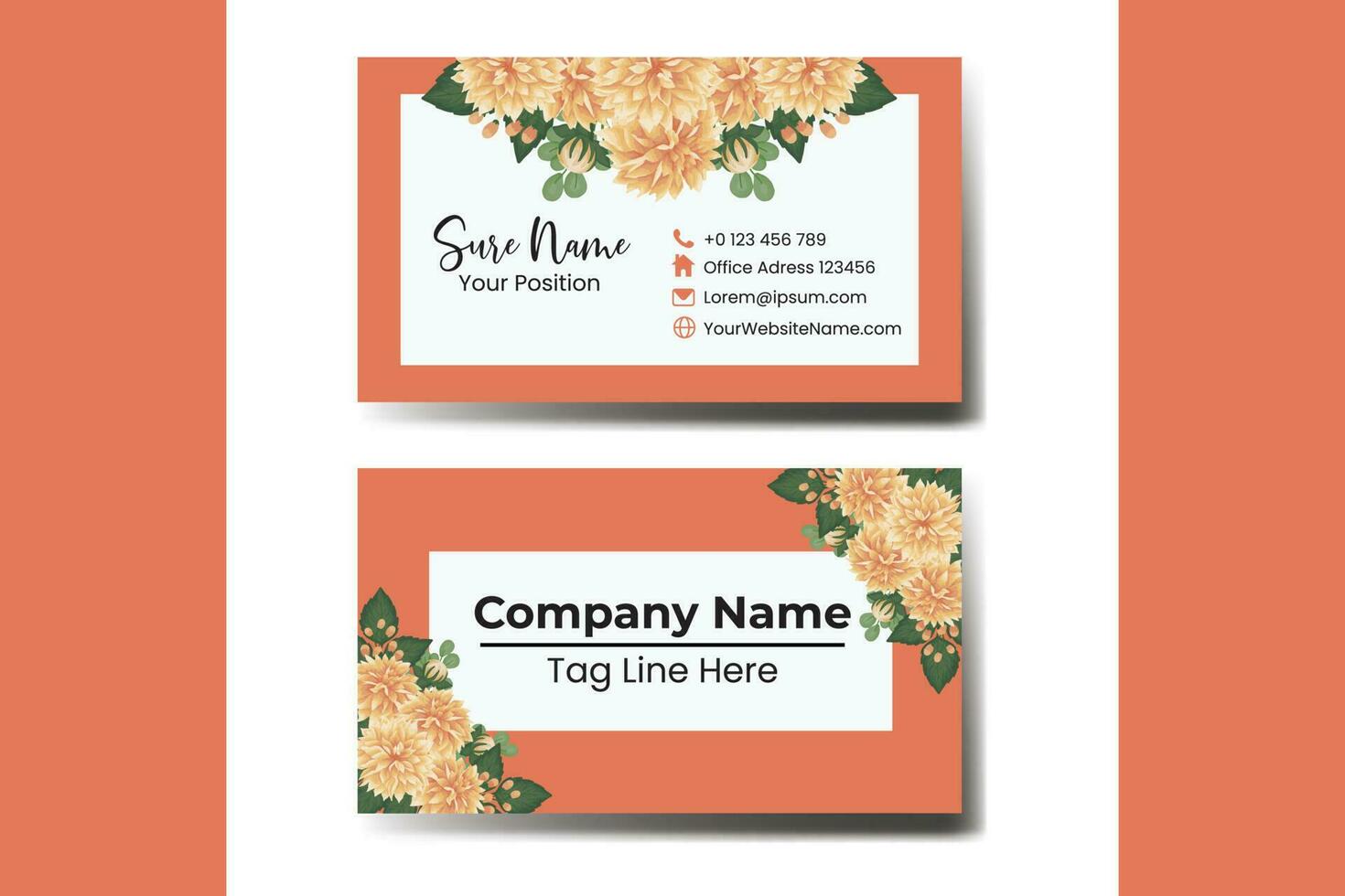 Business Card Template Orange Dahlia Flower .Double-sided Orange Colors. Flat Design Vector Illustration. Stationery Design