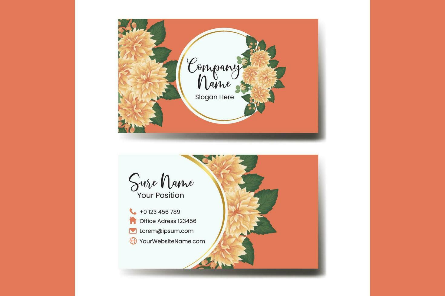 Business Card Template Orange Dahlia Flower .Double-sided Orange Colors. Flat Design Vector Illustration. Stationery Design