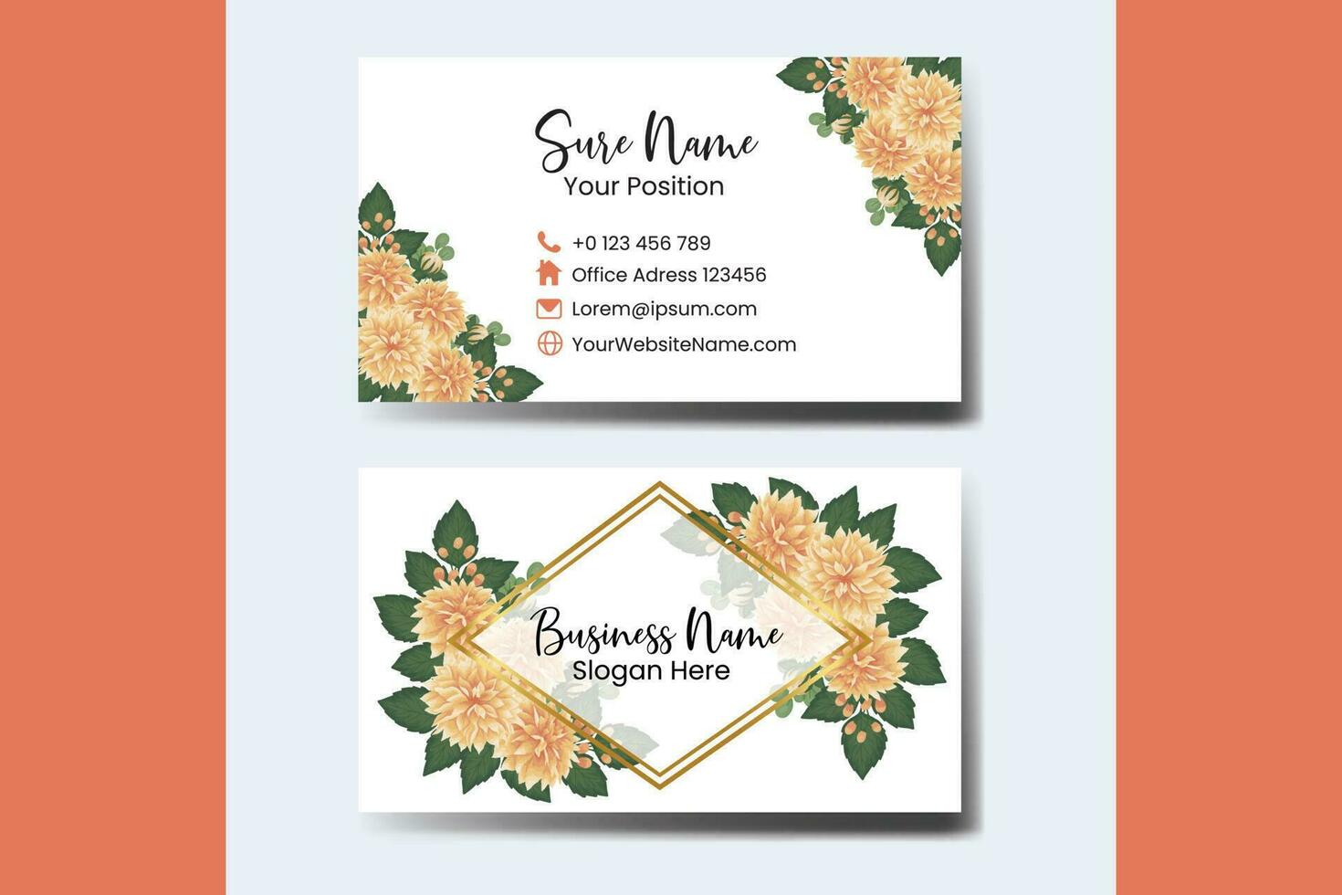 Business Card Template Orange Dahlia Flower .Double-sided Orange Colors. Flat Design Vector Illustration. Stationery Design