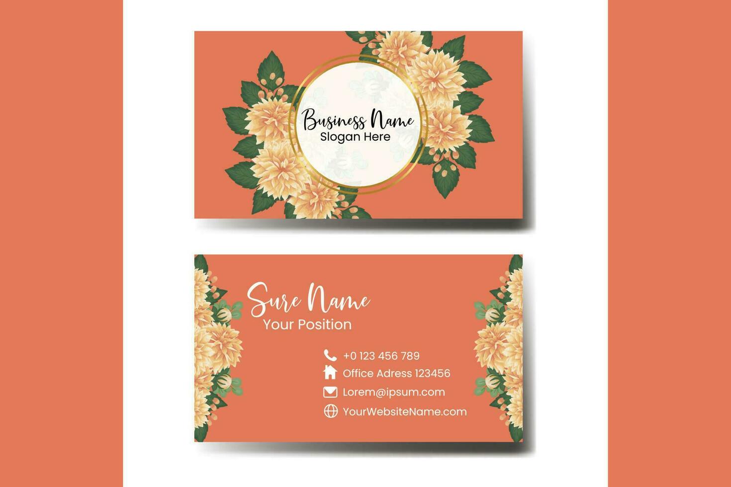Business Card Template Orange Dahlia Flower .Double-sided Orange Colors. Flat Design Vector Illustration. Stationery Design