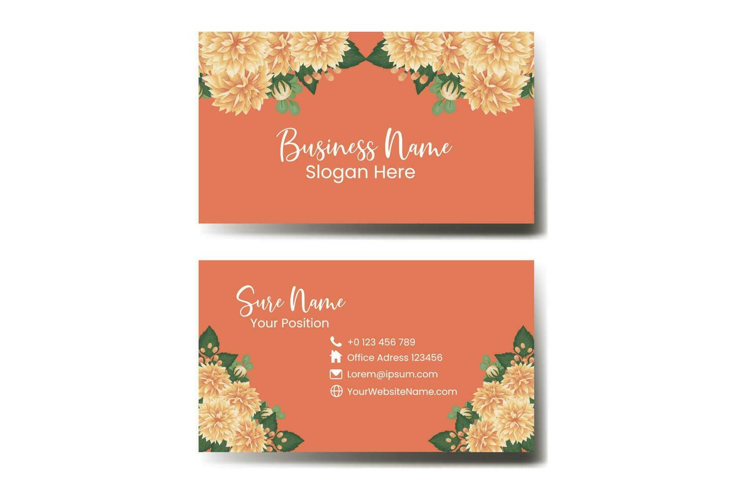 Business Card Template Orange Dahlia Flower .Double-sided Orange Colors. Flat Design Vector Illustration. Stationery Design