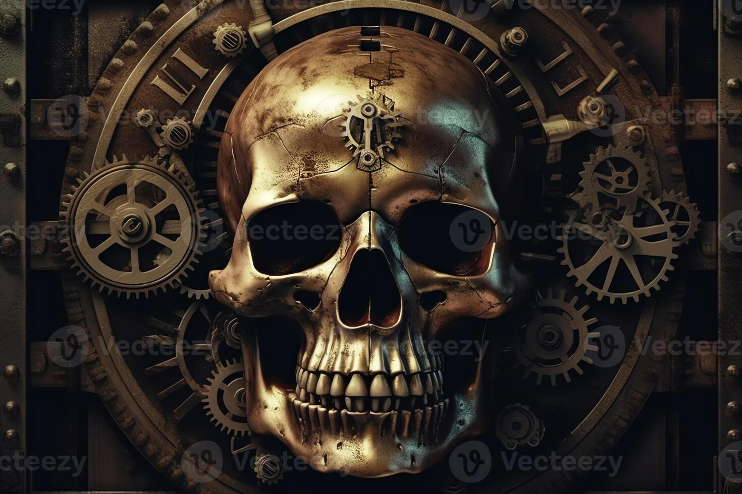 Industrial steampunk background with a human skull. photo