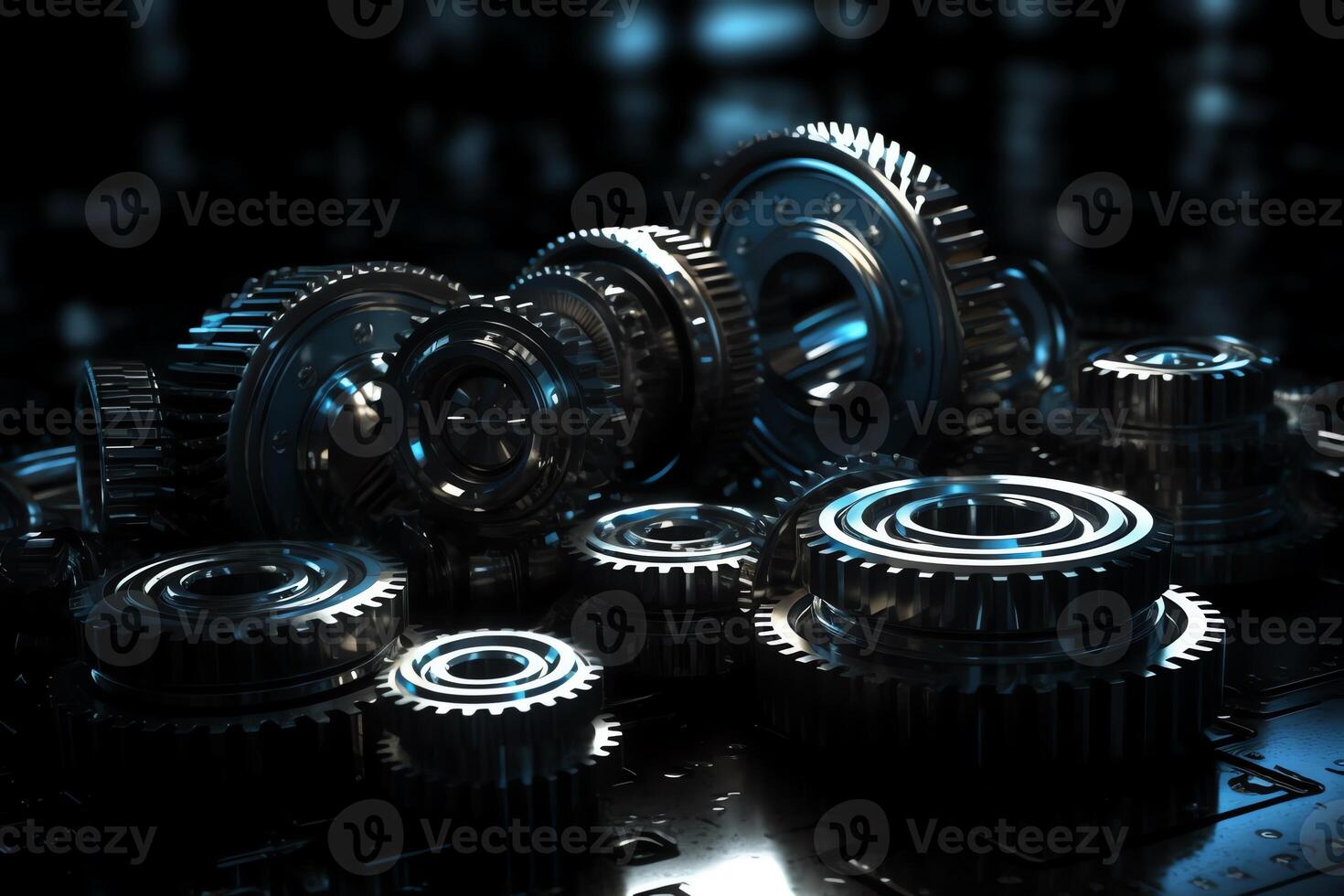 Mechanism blackblue metallic gears and cogs at work on white background under spot light background industrial machinery 3d illustration 3d high quality rendering 3d cg file mat. photo