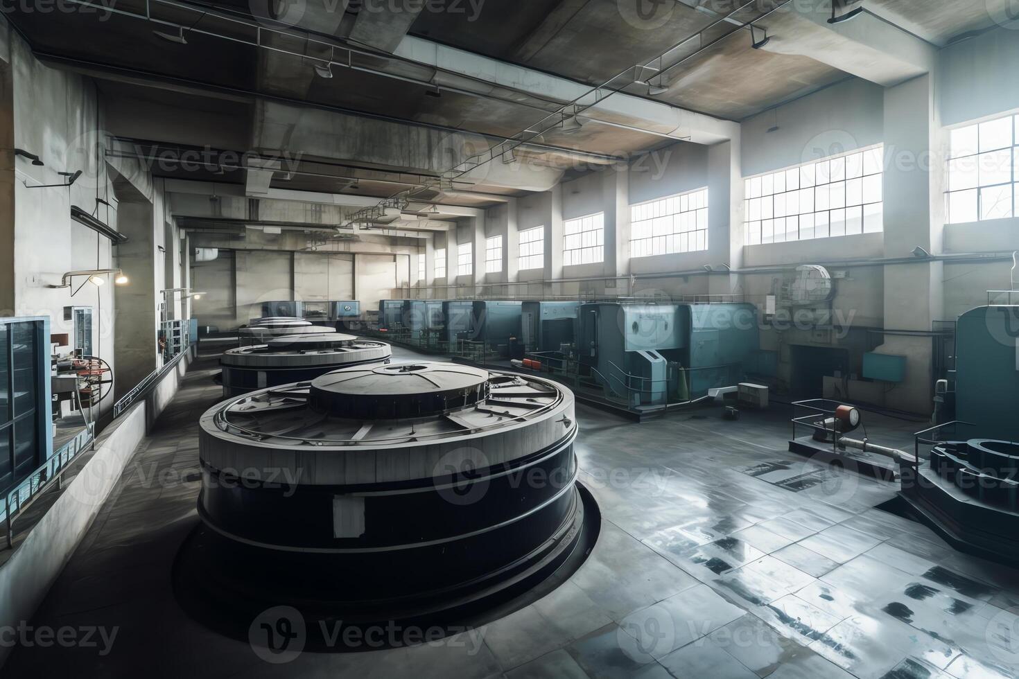 Industrial interior of hydroelectric power station with electric generators. photo