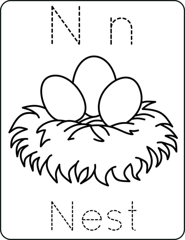 Letter Nn uppercase and lowercase, cute children coloring nest, ABC alphabet tracing practice worksheet of nest for kids learning English vocabulary, and handwriting vector illustration