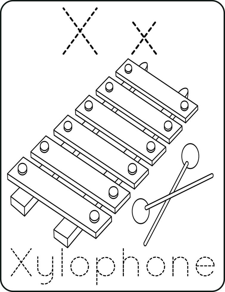 letra xx mayúscula y minúsculas, linda niños colorante un xilófono, a B C alfabeto rastreo práctica hoja de cálculo de un xilófono para niños aprendizaje Inglés vocabulario, y escritura vector ilustración