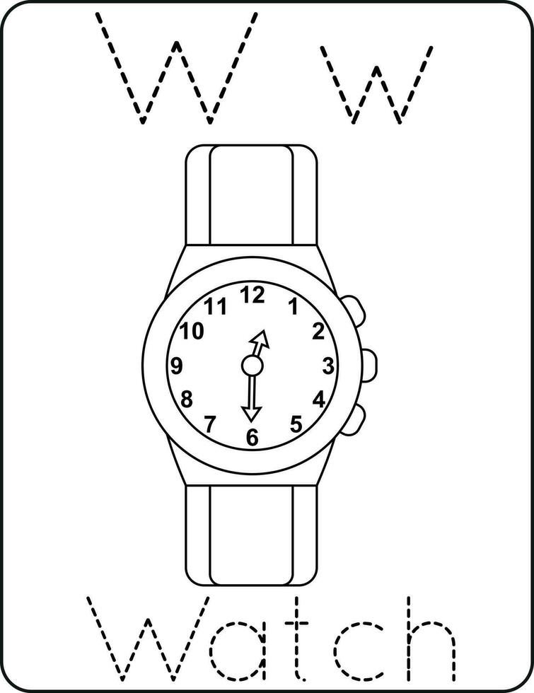 Letter Ww uppercase and lowercase, cute children coloring a watch, ABC alphabet tracing practice worksheet of a watch for kids learning English vocabulary, and handwriting vector illustration