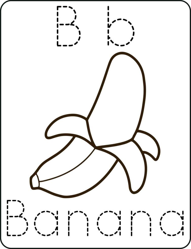 Letter Bb, uppercase and lowercase, cute children coloring a banana, ABC alphabet tracing practice worksheet of a banana for kids learning English vocabulary, and handwriting vector illustration