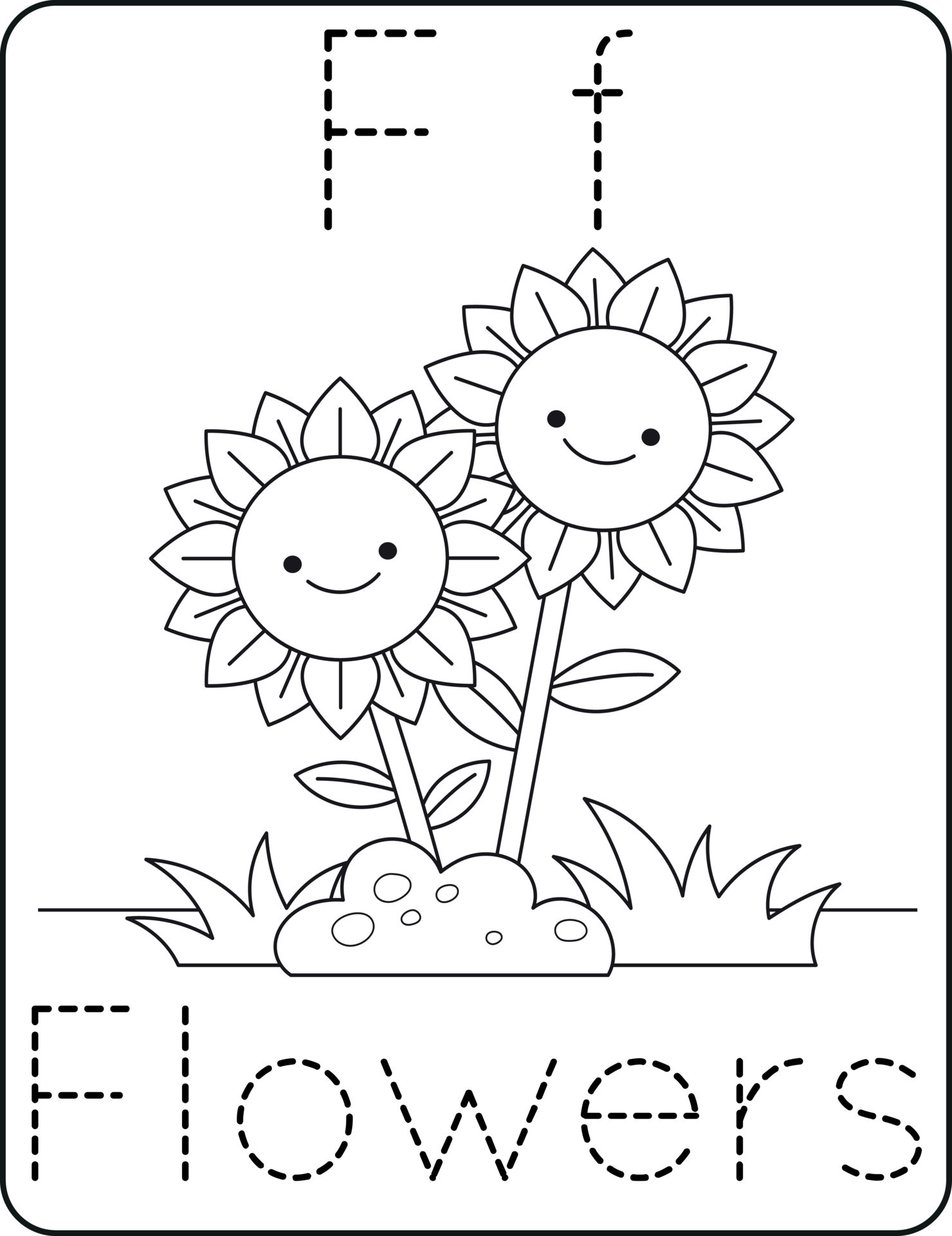 Letter Ff, uppercase and lowercase, cute children coloring flowers, ABC