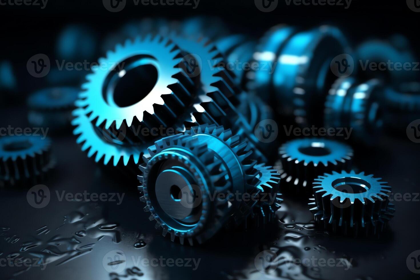 Mechanism blackblue metallic gears and cogs at work on white background under spot light background industrial machinery 3d illustration 3d high quality rendering 3d cg file mat. photo