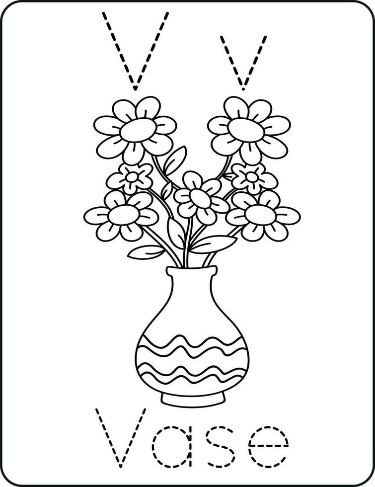 Letter Vv uppercase and lowercase, cute children coloring a vase, ABC alphabet tracing practice worksheet of a vase for kids learning English vocabulary, and handwriting vector illustration