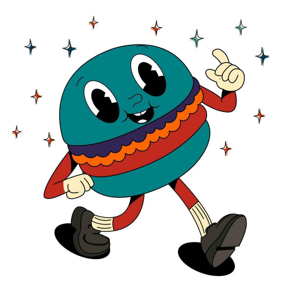 Psychedelic, groovy retro cartoon burger character. Modern sticker with hamburger. Funny faces with vibrant colors. Flowing texture. Crazy vector illustration.