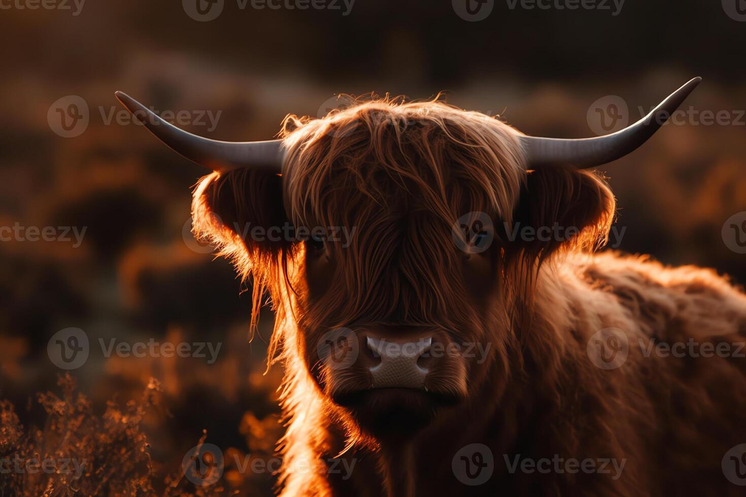 This photograph beautifully captures a highland cow in sharp focus against a background of natural light flares and bokeh aigenerated. photo