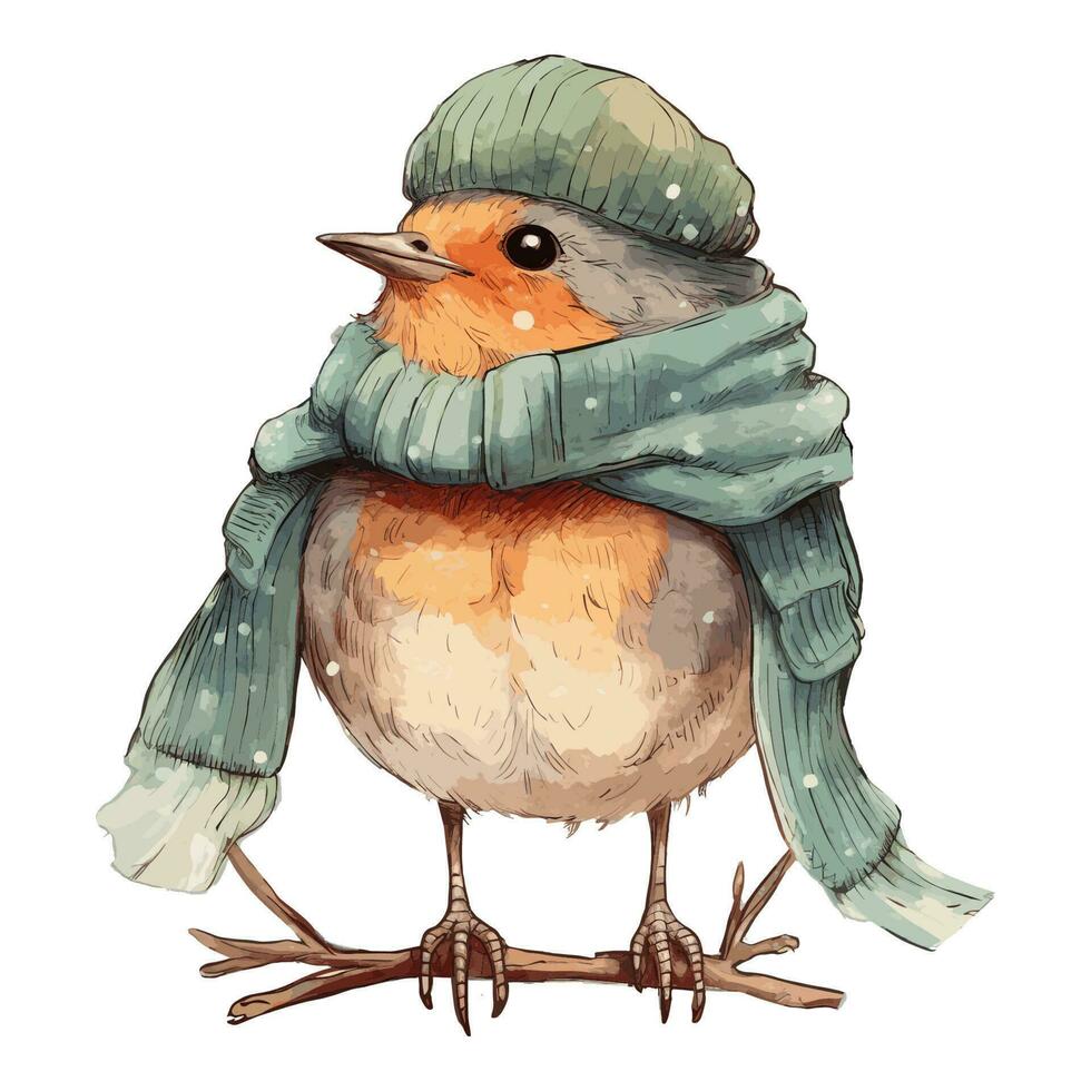 acuarela linda Robin pájaro con algodón sombrero y bufanda vector