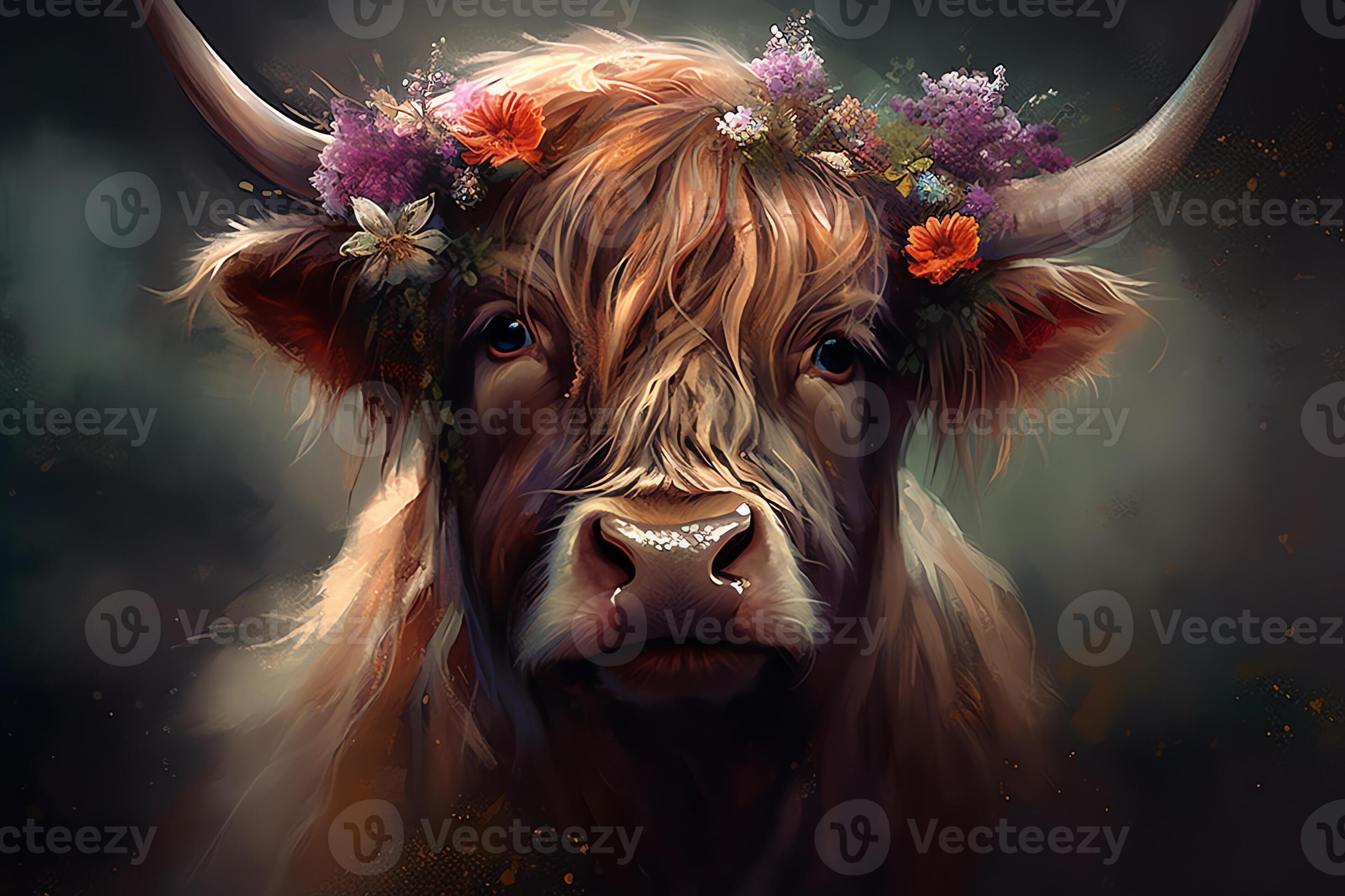 Art Photography Highland Cow With Flowers