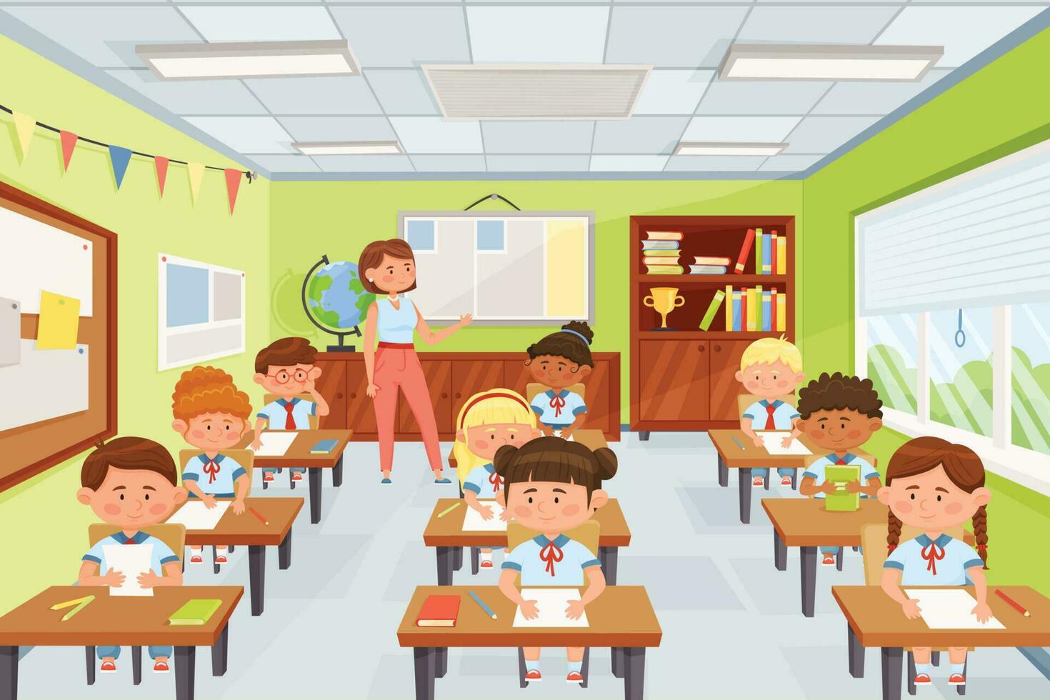 Cartoon teacher with pupils, school kids sitting at desks in classroom. Elementary school children studying in class vector illustration