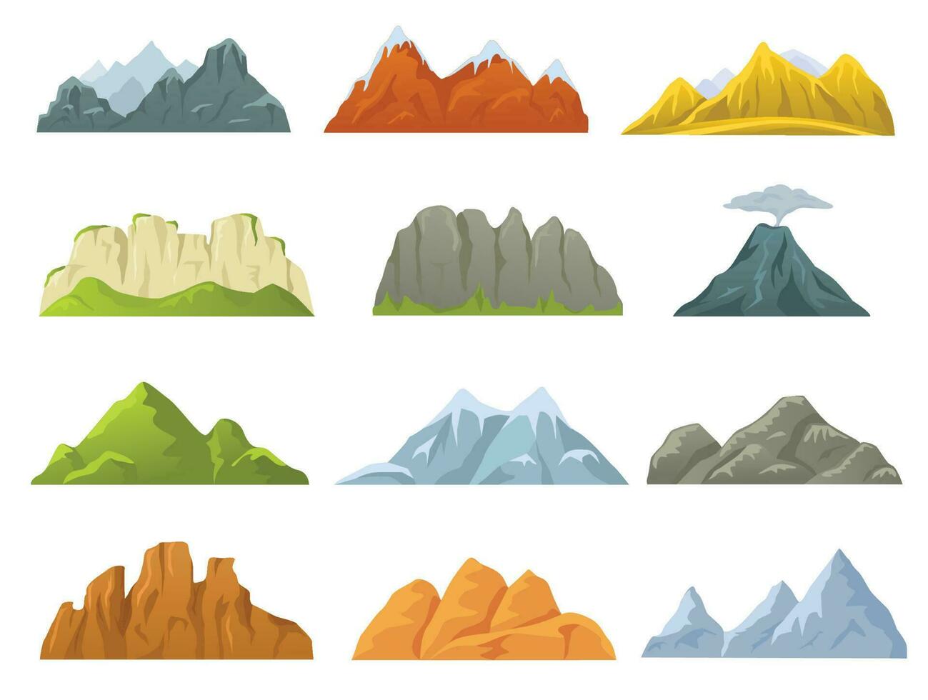 Cartoon mountains ridges, rocky cliffs, snowy peaks and hills. Stone cliff, volcano, hill, mountain nature game design elements vector set