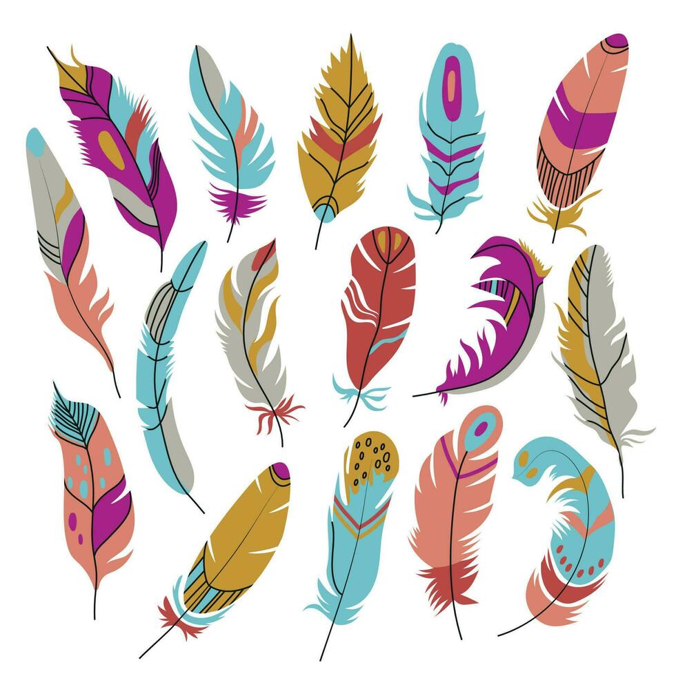 Set of colored feathers for decor isolated on white background.Variety of colorful feathers flat items set. Bird feather and decoration concept vector