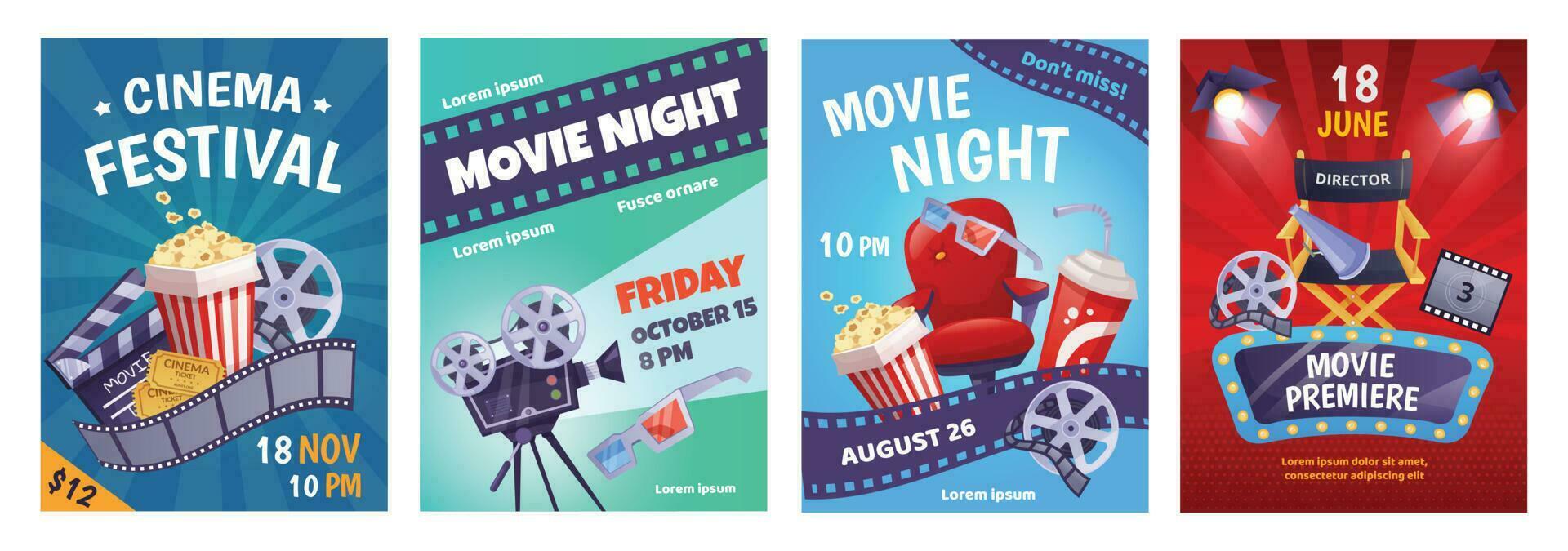 Cartoon cinema poster template, film festival invitation. Movie night event posters with popcorn, soda, camera, movie premiere flyer vector set