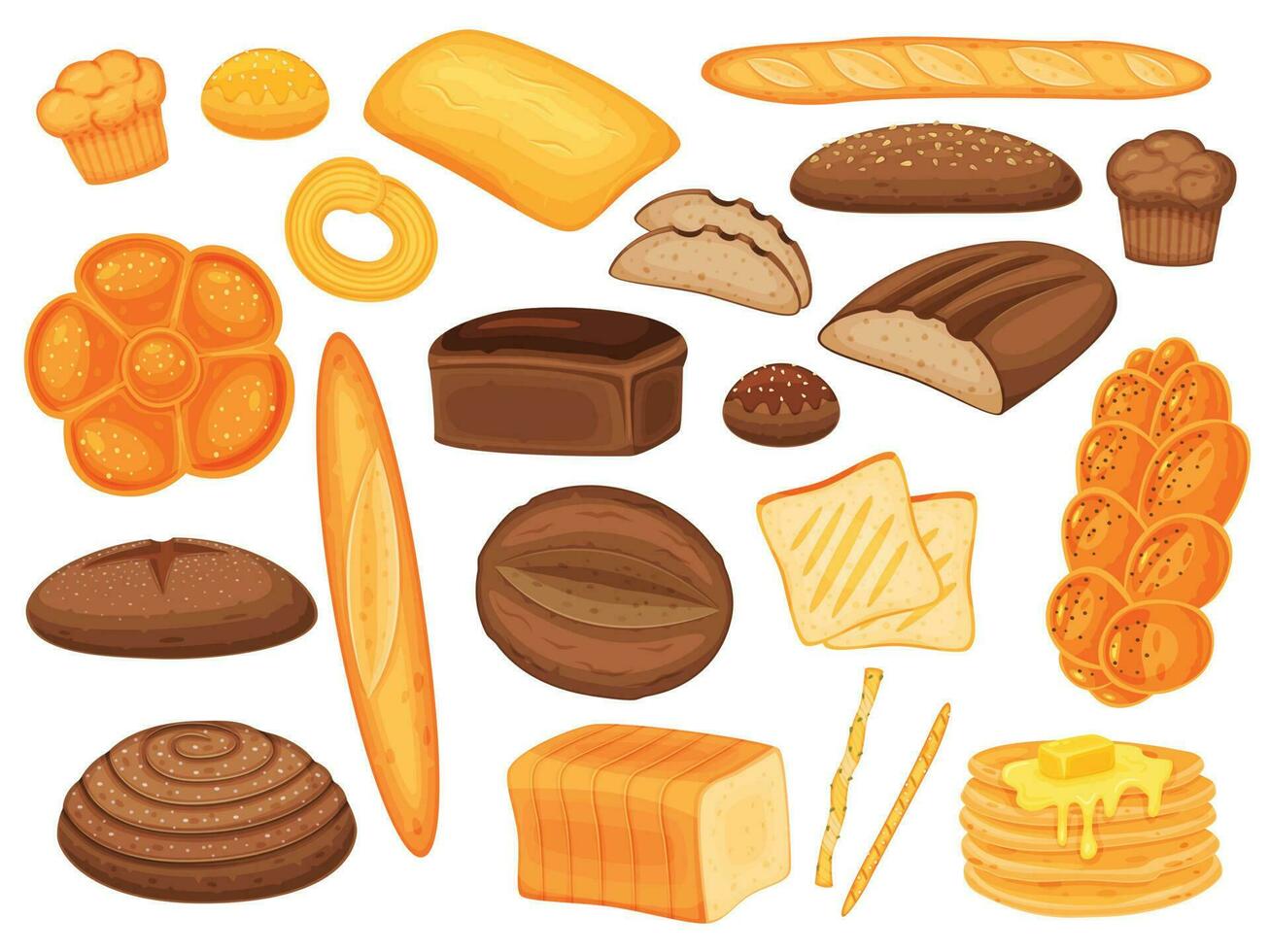 Cartoon bakery products, bread loaf, buns and pastry. Baguette, muffins, pancakes, whole wheat bread, homemade delicious pastries vector set