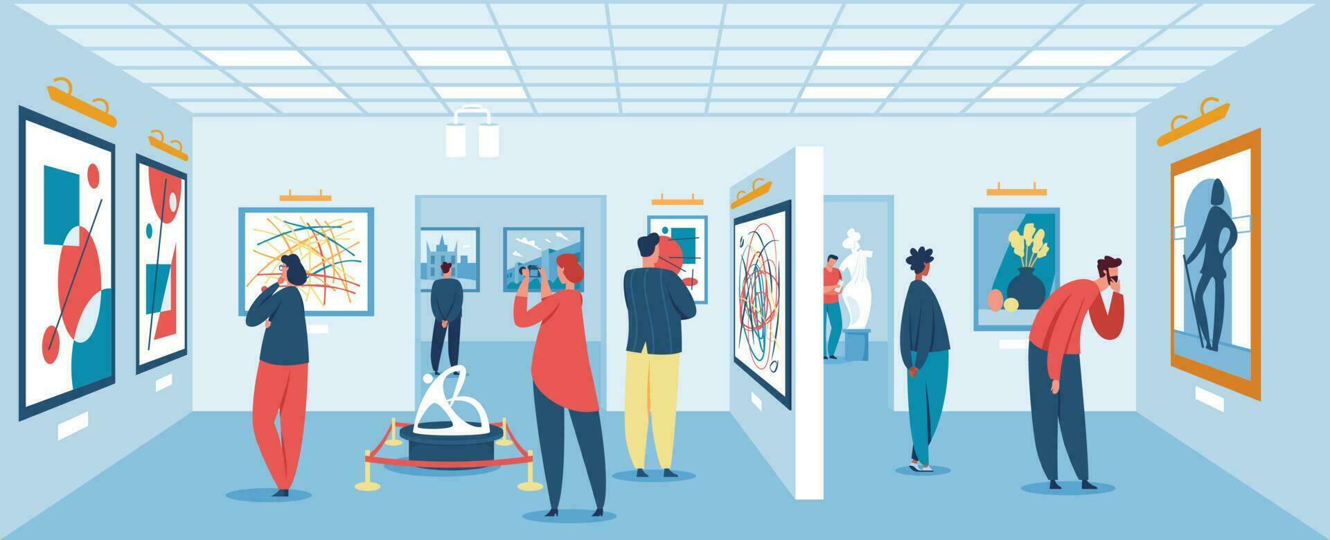 People in art gallery exhibition, characters looking at exhibits. Woman admiring painting or sculpture, modern museum vector illustration