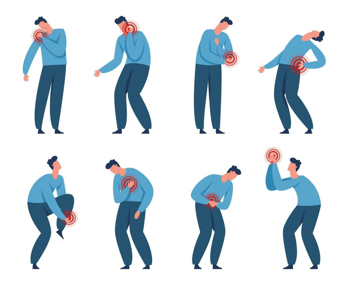 Man in pain, male character suffering from various body aches. Person with headache, heartache, stomach cramps, muscle or join ache vector set