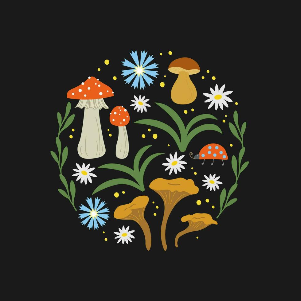 hongos y bosque flores conjunto con mariquita, agárico, rebozuelos, porcini champiñón, manzanilla y florecimiento de maíz, bosque motivo. ornamental planta composición es dibujado por mano. vector plano ilustración