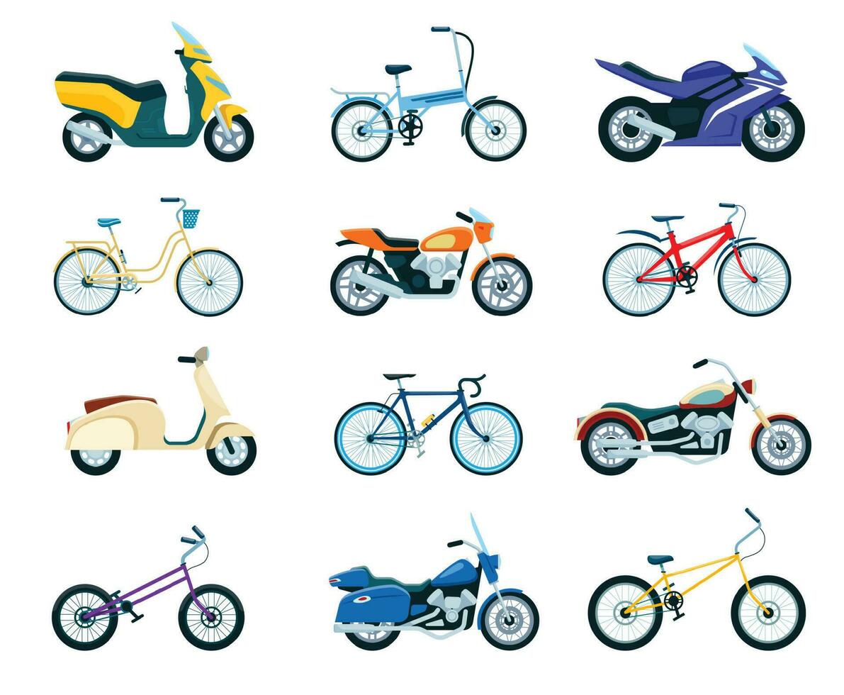 motos y bicicletas, bicicleta, moto, entrega scooter. varios motocicleta vehículo modelos, Bicicleta de deporte, helicóptero, la carretera bicicleta plano vector conjunto