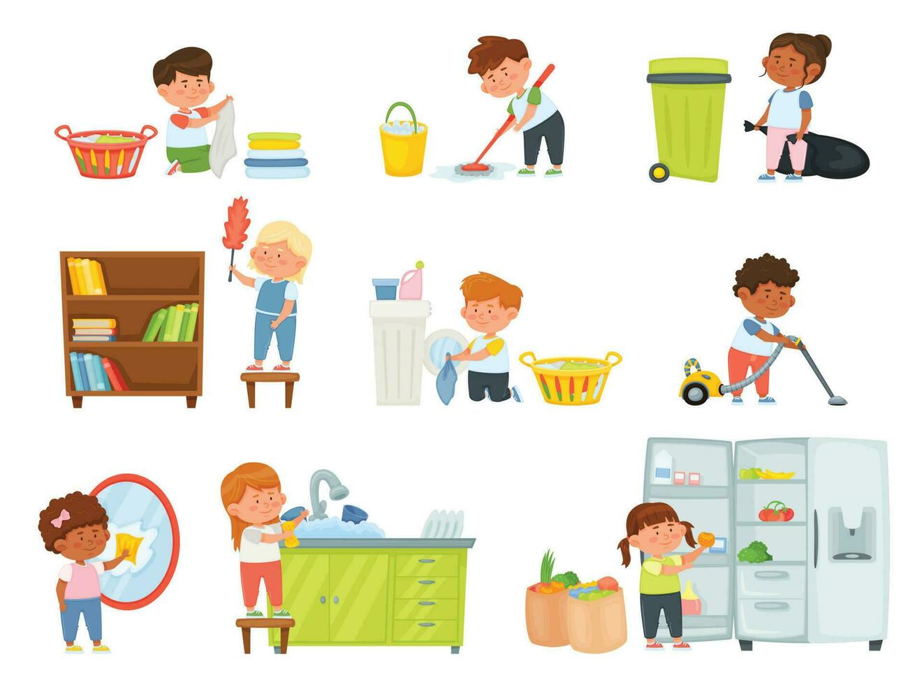 dibujos animados niños haciendo tareas del hogar, niños Ayudar con quehaceres. Niños y muchachas Pasar la aspiradora, limpiar el polvo, Lavado platos, trapear piso vector conjunto