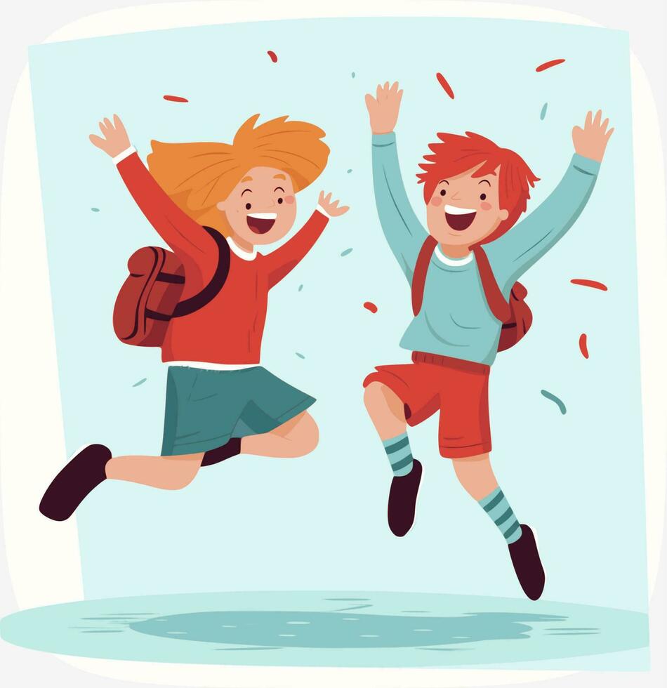 Happy school students celebrating, jumping up and holding hands together. Multi-ethnic teen pupils, boys and girls teenagers in uniform. Flat graphic vector illustrations isolated on white background