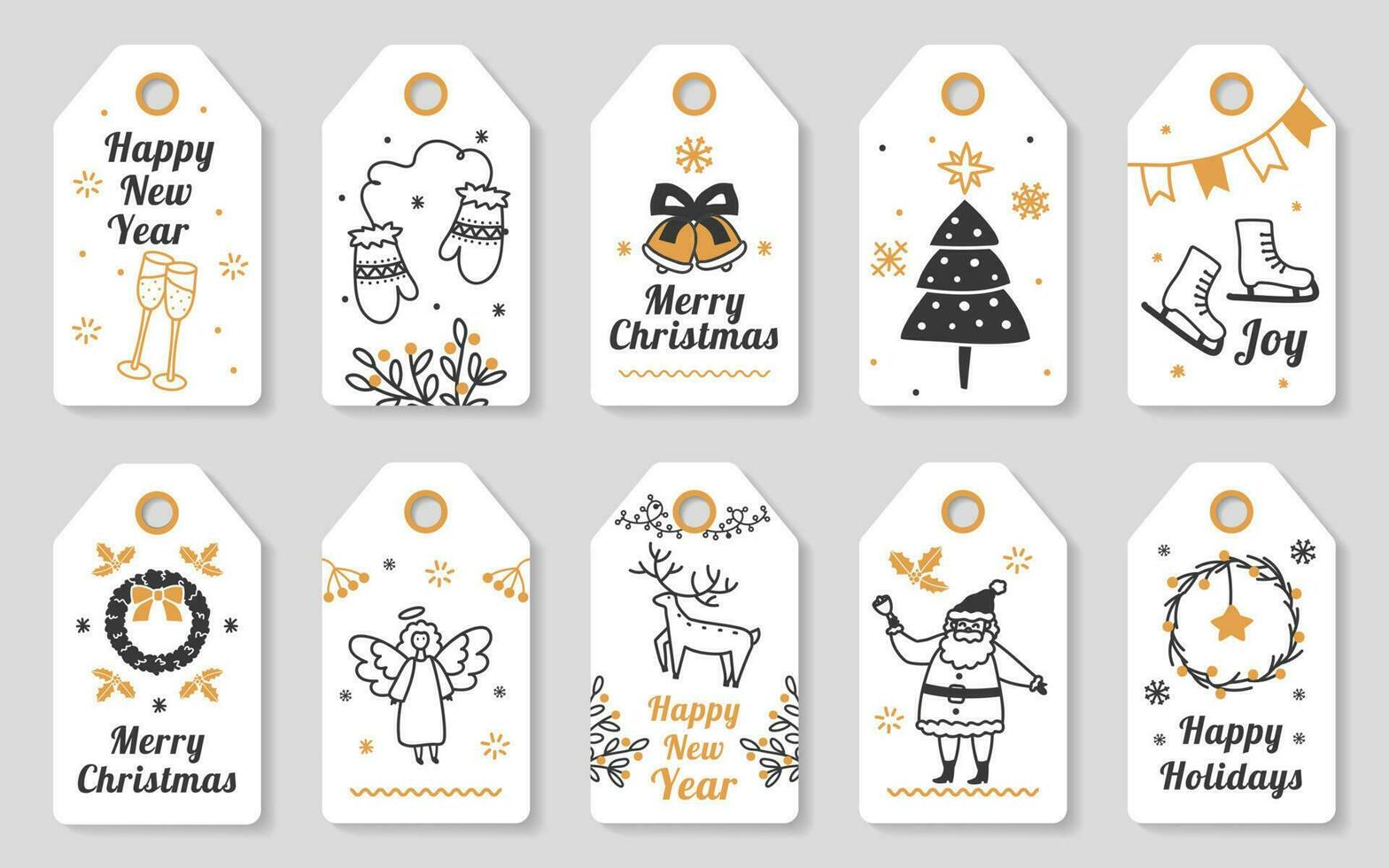 Christmas gift tags with hand drawn elements, cute xmas cards. Winter holiday labels with santa and dear, new year celebration tag vector set
