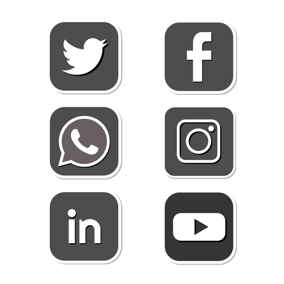 een reeks van sociaal media pictogrammen facebook, twitter, instagram, whatsapp, youtube en linkedin in grijs kleur png