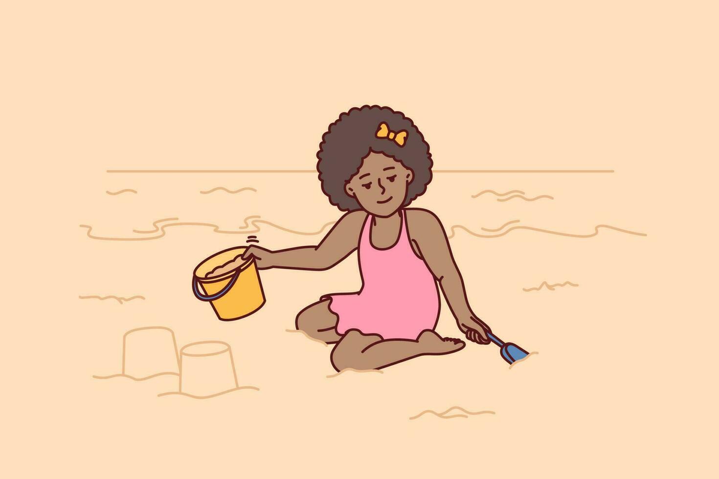 Little girl playing with sand sitting on beach building castle with bucket and shovel during summer holidays at resort. Pre-teenage girl located on sea beach relaxing alone on sea or ocean vector