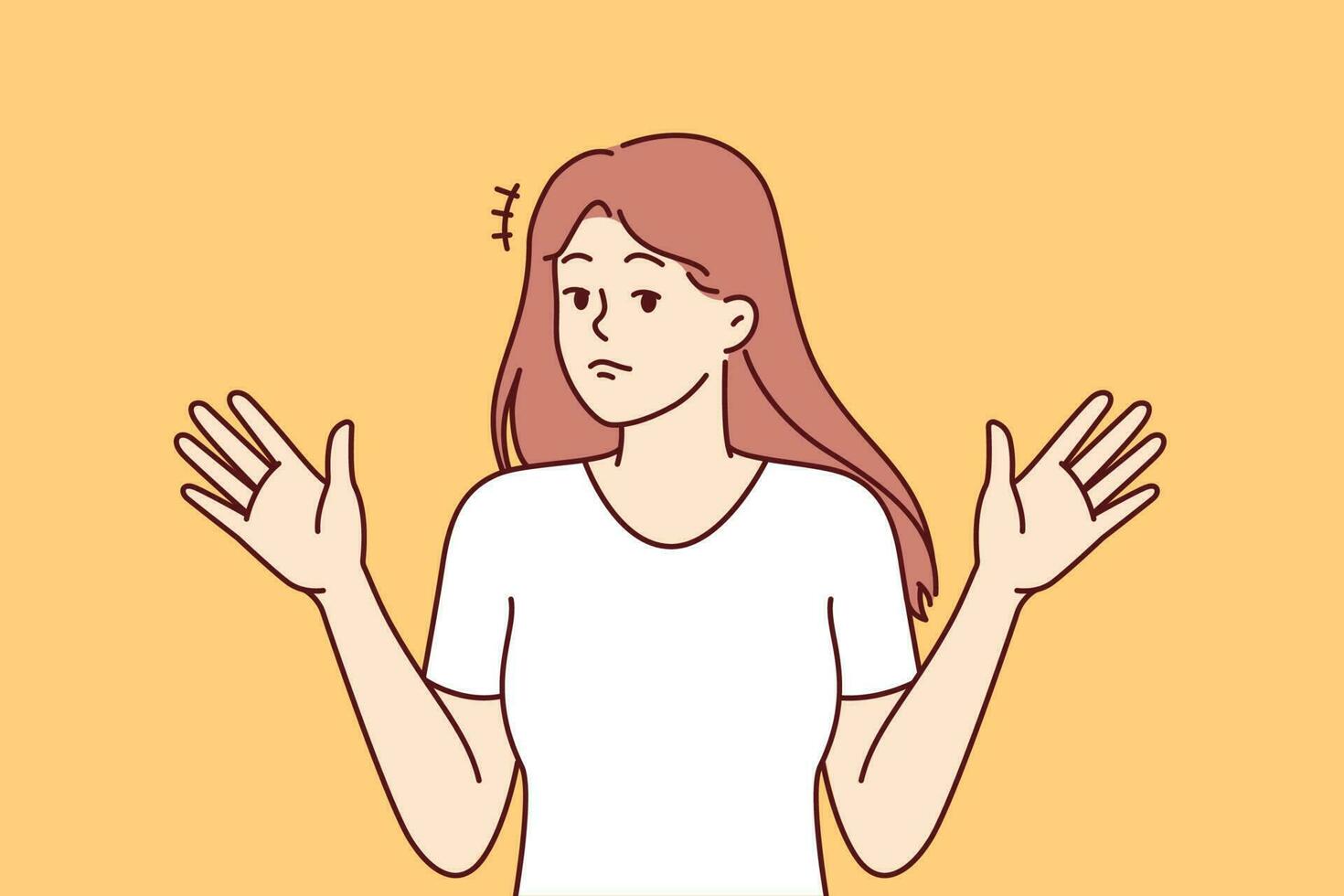 Woman throws up hands, denying involvement in problem or demonstrating ignorance of answers to question asked. Girl raises hands, denying presence of trouble and being in confusion or uncertainty vector